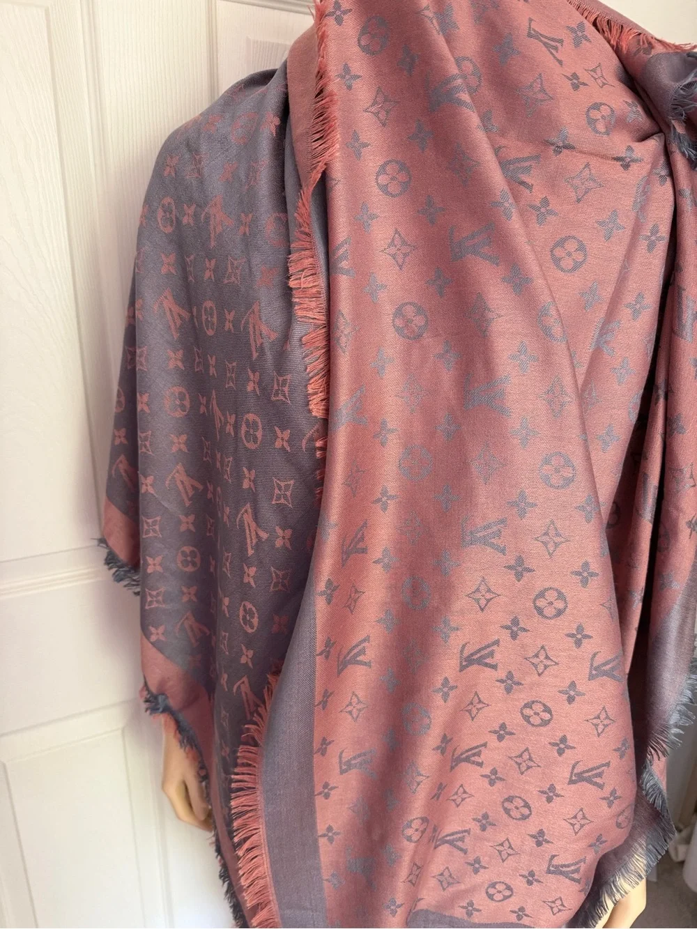 Louis Vuitton Grey Pink Reversible Monogram Large Scarf Shawl